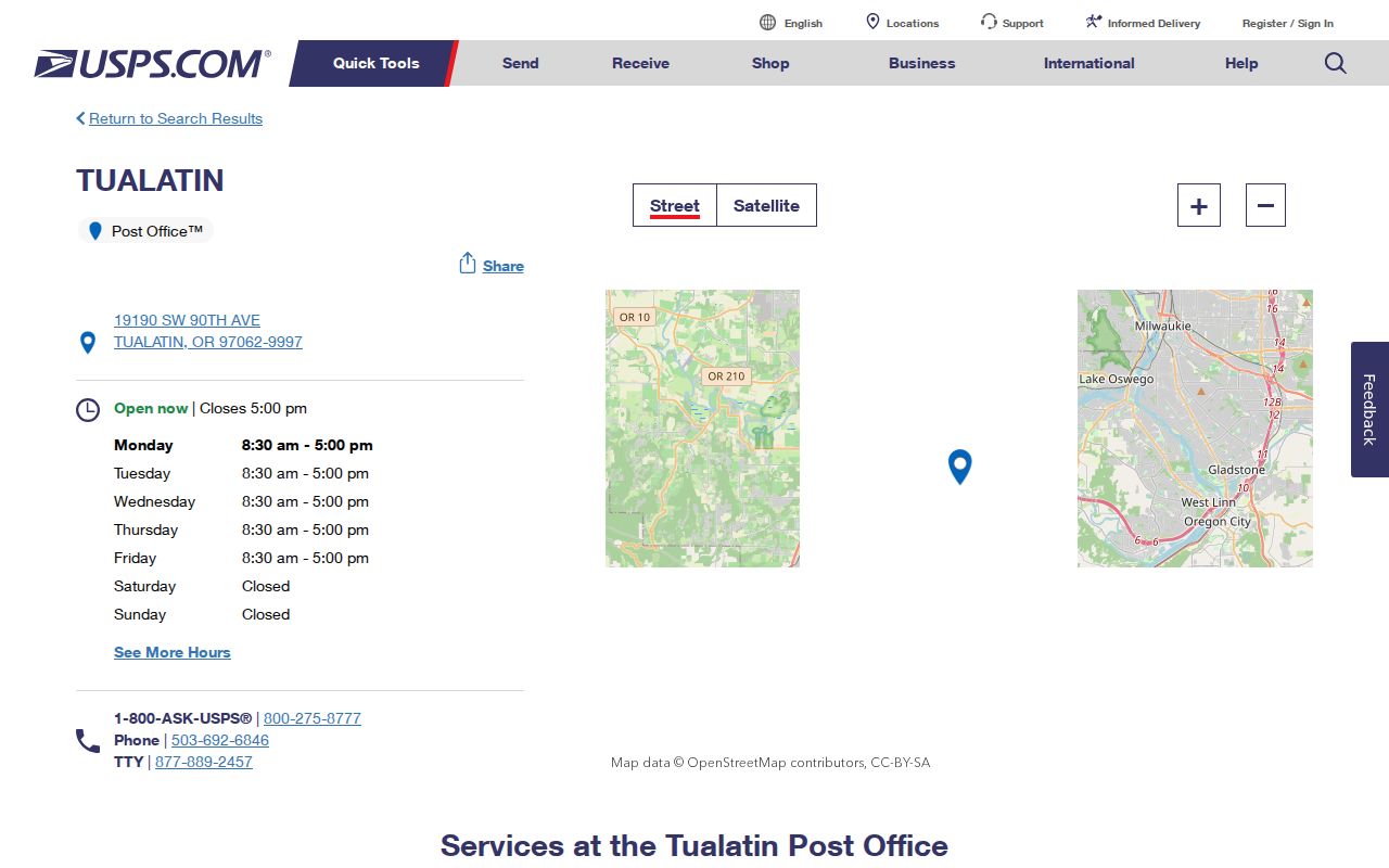 Tualatin ZIP code directory source showing the official Tualatin USPS Post Office