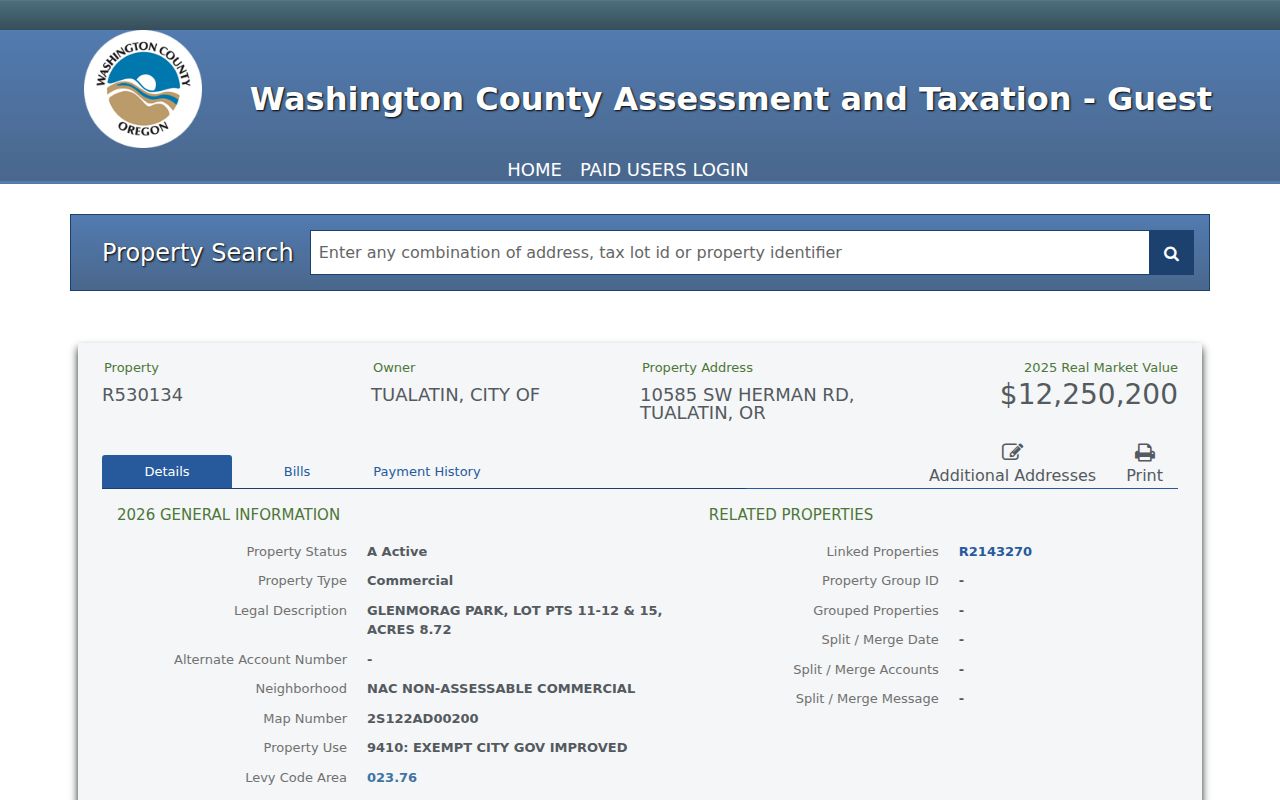 Tualatin street-address directory Washington County property detail record layout